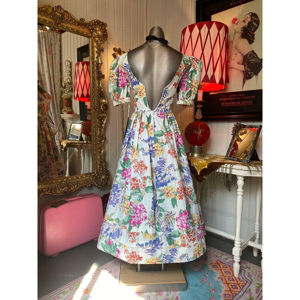 vintage 1980s laura ashley floral cotton dress fit and flare puff sleeves 50s xs - Picture 9 of 11
